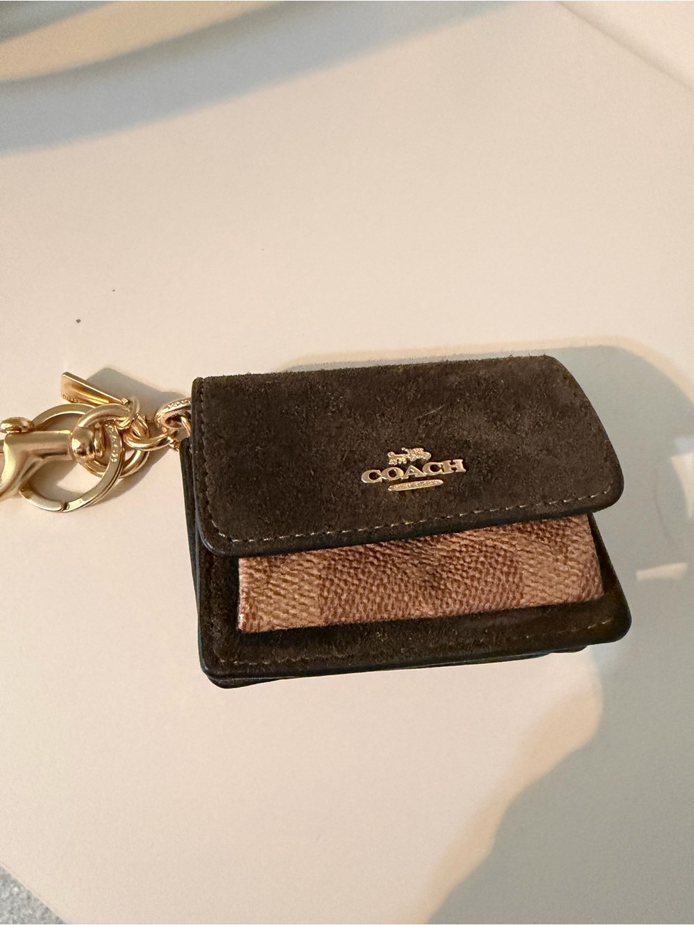 Coach Black Suede & Brown Canvas Keychain Card Holder